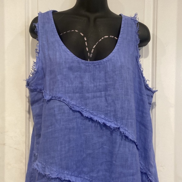 Pure Linen Italian blue Diagonal Raw Edge Linen Dress - Picture 4 of 9